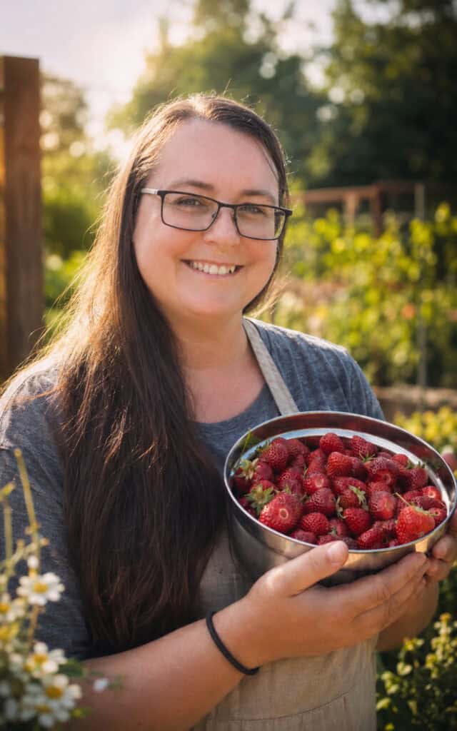 brown haired woman with black glasses smiling holding a stainless steel bowl full of strawberries with a garden in the background