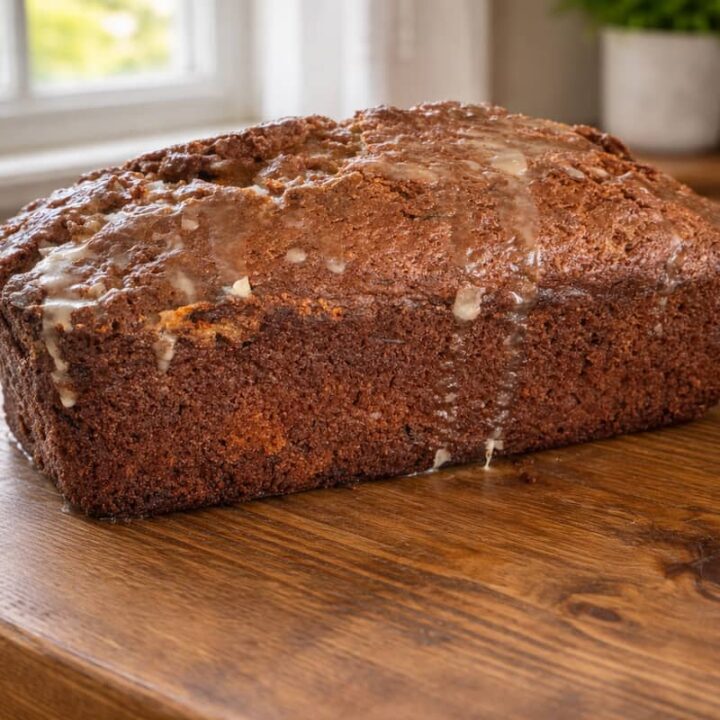 orange zucchini bread with an orange glaze sitting on a wooden table