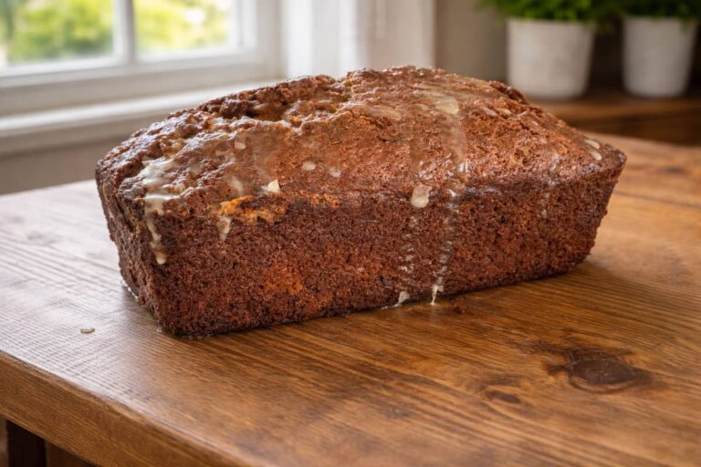 orange zucchini bread with an orange glaze sitting on a wooden table