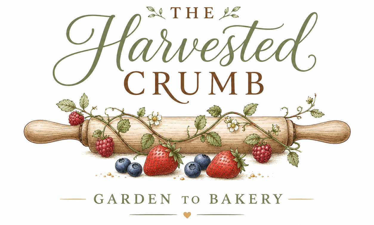 Picture says: The Harvested Crumb at the top with a rolling pin underneath of with and raspberry canes circling the rolling pin. strawberries and blueberries are sitting in front of the rolling pin and underneath it says Garden to Bakery