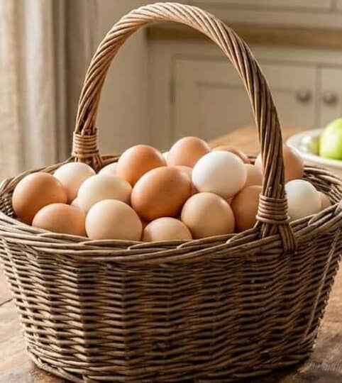 brown and white eggs in a wicker basket sitting on a wooden table. A white bowl of green apples is behind it.