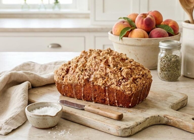 a loaf of peach butter quick bread on a wooden cutting board on a light table with a bowl of peaches and a jar of herbs behind it. A white linen towel is beside the loaf and a spreading knife and small bowl of sugar are in front of it.