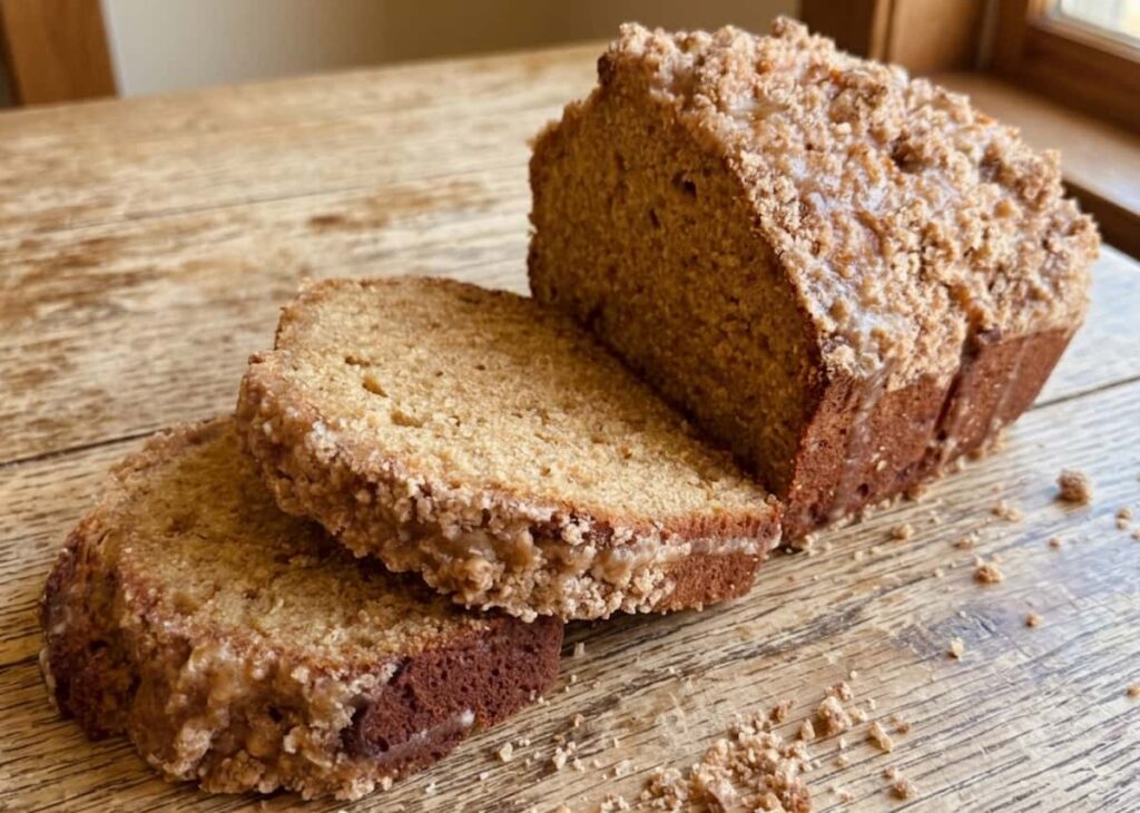 peach butter quick bread loaf on a wooden table with two slices cut and laying on the table in front of the rest of the loaf
