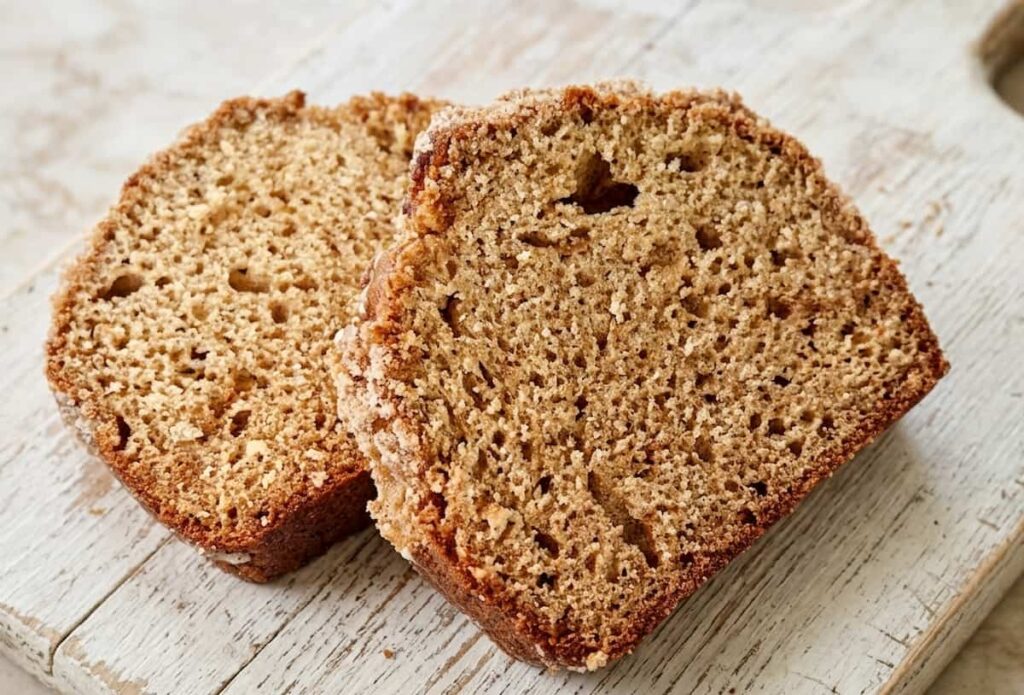 2 slices of peach butter quick bread on a rustic wooden cutting board