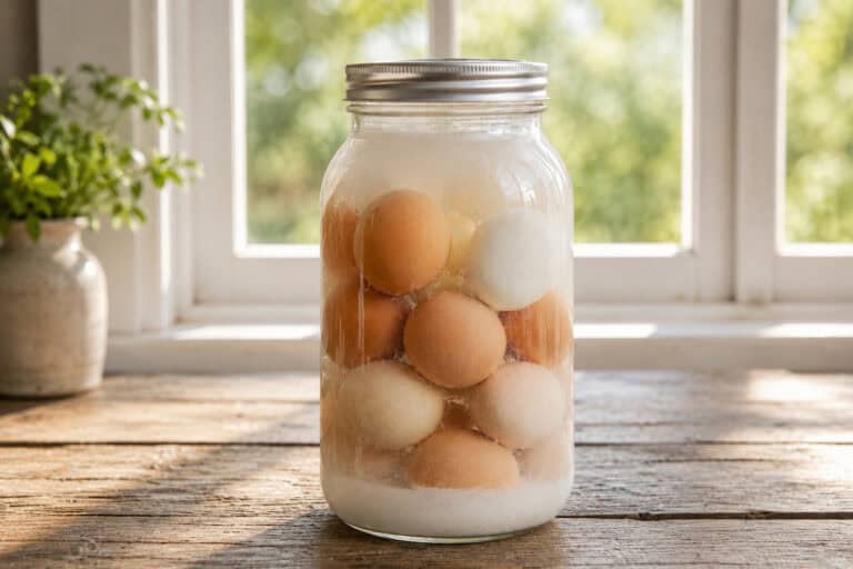 half gallon jar full of white and brown eggs in a pickling lime and water solution. The jar is sitting on a wooden table in front of a window.