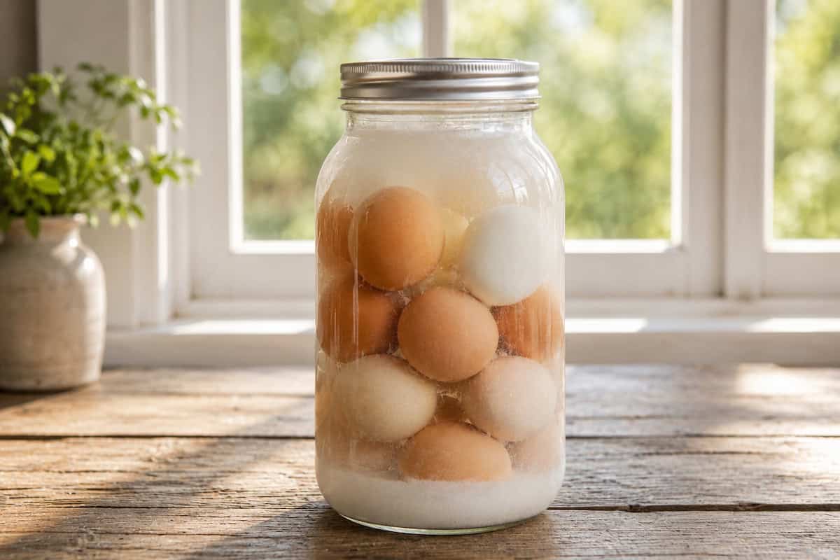 half gallon jar full of white and brown eggs in a pickling lime and water solution. The jar is sitting on a wooden table in front of a window.