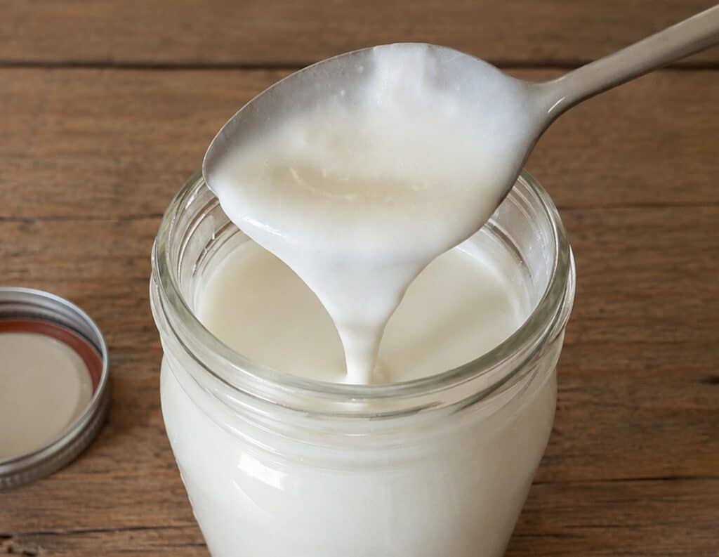 a metal spoon drizzling homemade buttermilk into the jar full of buttermilk on a wooden table showing the thickness. A canning lit and ring are sitting next to the jar to the left.