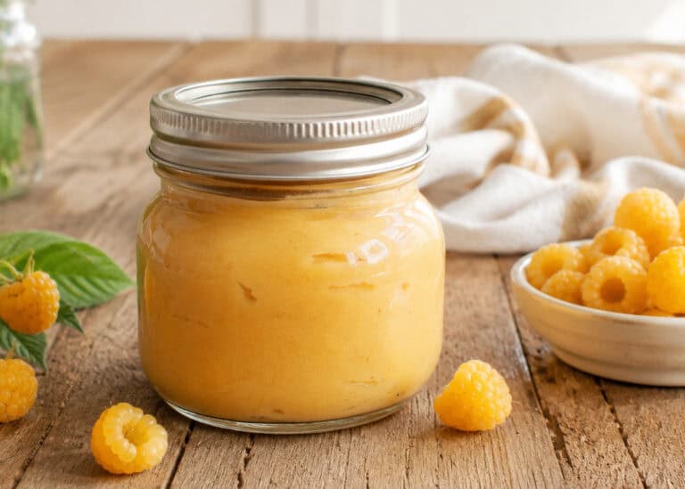 pint jar with a lid of golden raspberry curd. A small white bowl of golden raspberries is to the right of the jar, a white and golden striped kitchen towel is behind the jar, and 4 golden raspberries are scattered on the wooden table to the bottom and left of the jar.
