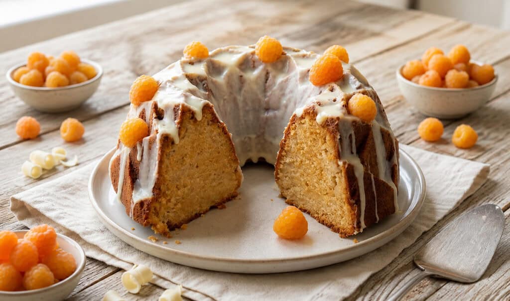 white chocolate golden raspberry Bundt cake on a white plate with about one fourth cut out. The plate sits on a white linen towel on a wooden table. 3 bowls of golden raspberries sit around the cake with a few berries scattered on the table with a few curls of white chocolate.