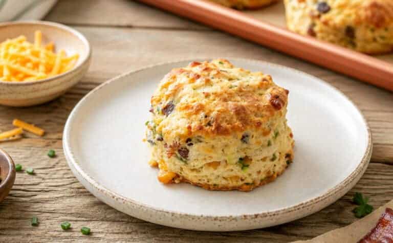 bacon cheddar zucchini biscuit on a white plate. A small white bowl of shredded cheese is to the upper left and the corner of the baking sheet with another biscuit on it is to the upper right